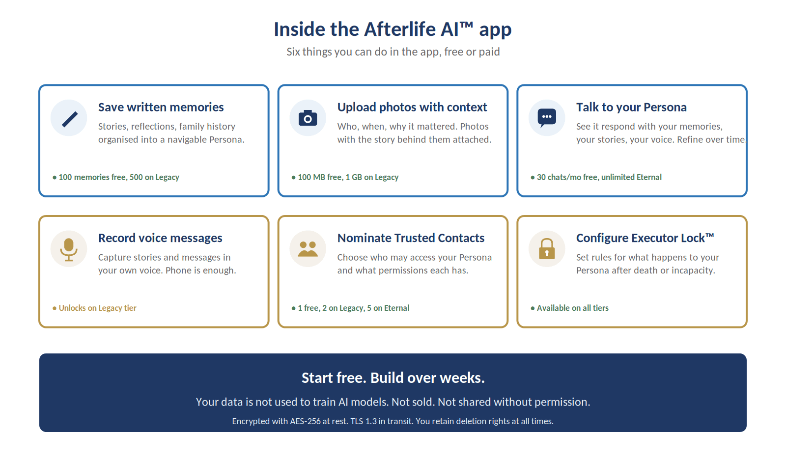 Figure 3. The six core features available in your first Afterlife AI™ session.
