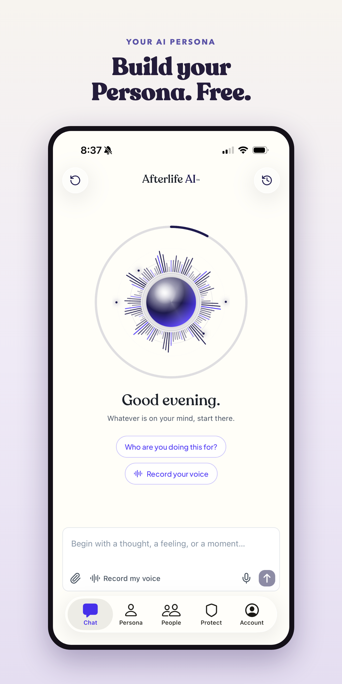 Afterlife AI app screenshot showing a person building their AI Persona from memories and voice.